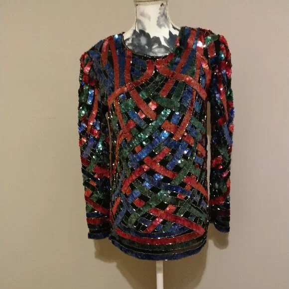 Lord & Taylor Vintage Sequin Top Blue, Red, Green, Silver, on Black silk, M - Picture 2 of 7